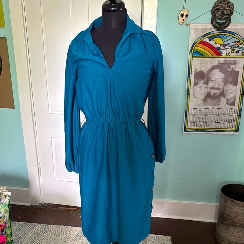 Vintage teal long sleeve elastic waist side button dress large